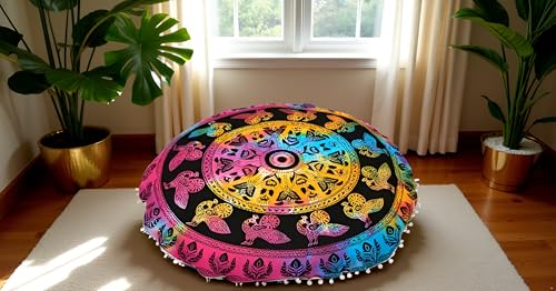 CRAFT KALA Large Hippie Floor Pillow Cover Mandala Meditation Cushion Case Pouf Cover Round Poufs Cover Bohemian Floor Cushion Cover Outdoor Fireplace Yoga Living Room Decor 32" Multi-Color Peacock - color: Multi-color Peacock