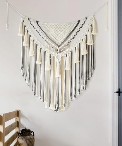 Jakalin Macrame Wall Hanging Grey Small Macrame Wall Decor Panels Handmade Wall Art Home Living Room Bedroom Decor 31" Wx 39" L - color: Grey1