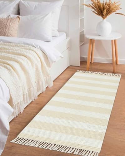 Simple Cream Stripes Kitchen Runner Rug 2'x4', Washable Woven Cotton Area Rug Bathroom Hallway Rug, Geometric Vertical Linens Modern Minimalism Entryway Bedroom Rug Non Slip Throw Rug Carpet - color: Cream, size: 2 x 4 ft