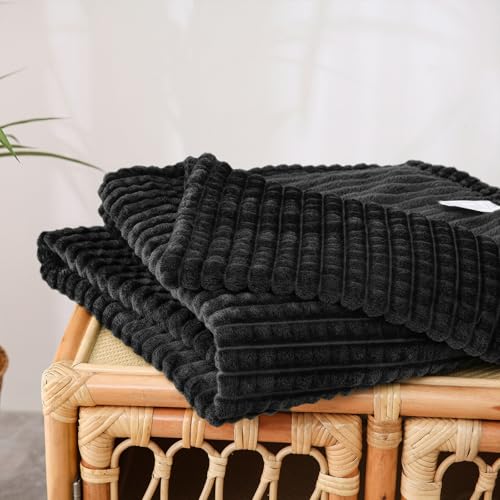 Puncuntex Flannel Fleece Throw Blanket Black 50"×60",Super Soft Plush Cozy Blanket with Square Grid Design Luxury for Couch Sofa Chair - color: Black, size: 50"×60"