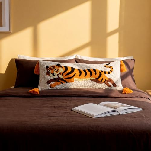 Beeveer Tiger Hooked Wool Pillow 8 x 22 Inch Tiger Fringe Lumbar Throw Decorative Animal Needlepoint Pillow with Zipper Embroidery Tufting Silver Thread for Home Couch Sofa Bedroom Living Room - color: Tiger, size: 8 x 22 Inch