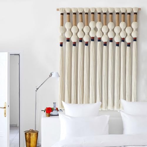Macrame Wall Hanging Boho Wall Art Handmade Spherical Knot 27" W x 33" L | Handmade Spherical Knot Design, Tassel Fringe, Bedroom Living Room Decor, 27" W x 33" L - color: Ivory4