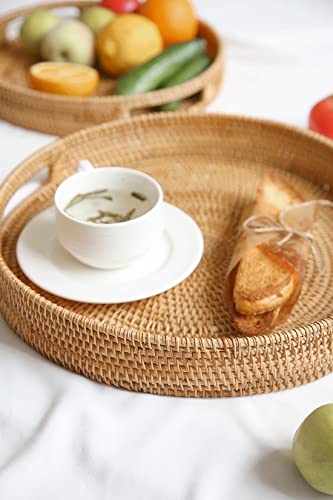 HITOMEN 14.2" Hand-Woven Round Rattan Serving Tray Decorative Ottoman Wicker Platter with Handles for Coffee Table, Breakfast, Drinks, Snack, Bread, Fruit, Vegetables (Natural-L) - color: Natural, size: Large (14.2 inches)
