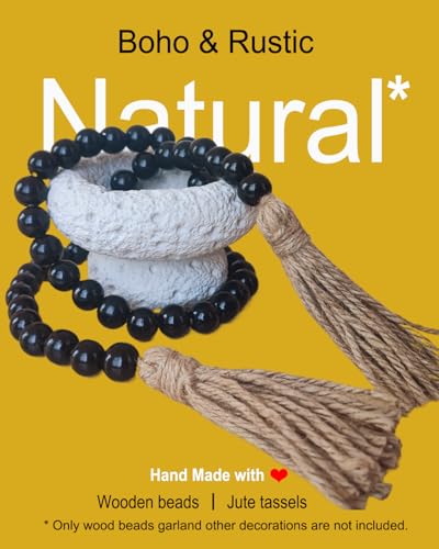 Boho Decor Wood Beads Garland Farmhouse Wall Hanging Decorations Natural Wooden Bead Tassel Decorative for Coffee Table Christmas and Prayer (Black, 39") - color: Black, size: 39"