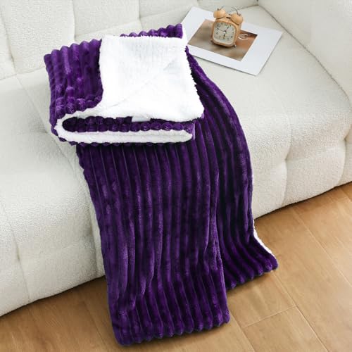 Purple Sherpa Fleece Throw Blanket 60”×80” for Couch Sofa Bed,Super Soft Cozy Plush Double Side Thick Flannel Blanket with Striped Design Lightweight for Adults,Woman,Girls - color: Purple, size: 60×80inch