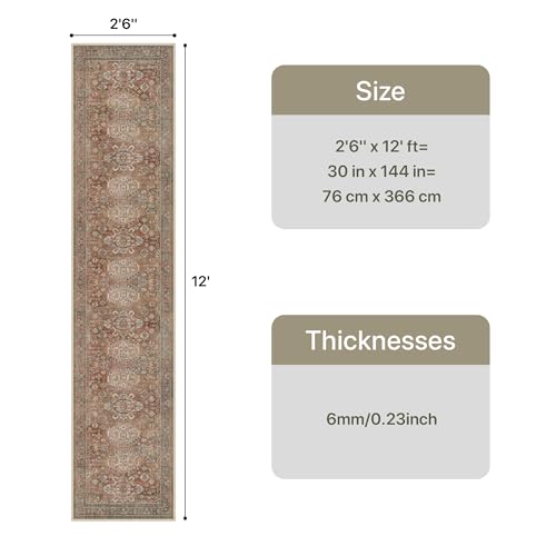 Bavni Washable Runner Rug 2’6”x12’, Non Slip Long Hallway Runner, Vintage Aesthetic Ultra Thin Low Pile Washable Carpet for Kitchen Bedroom, Brick - color: Brick, size: 2'6" x 12' (Rectangular)