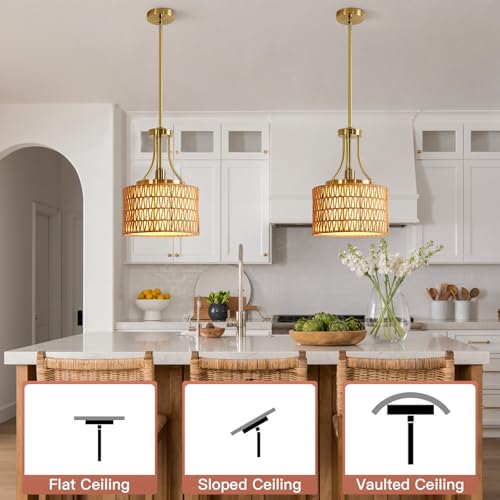 11.8" Modern Boho Rattan Gold Pendant Light Adjustable Rod Vintage Farmhouse Drum Fabric Pendant Light Fixture Woven Bamboo Wicker Pendant Lights for Kitchen Island, Dining Room, Bedroom - color: Gold-D 1-Light