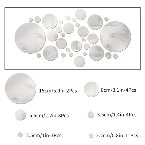 JEPELUS 37 Pieces 3D Mirror Wall Decor Home Sign Letters and Round Shape, Acrylic Acrylic Mirror Wall Stickers Decorative Art Decals for Home Living Room Bedroom Farmhouse Decoration (Silver)