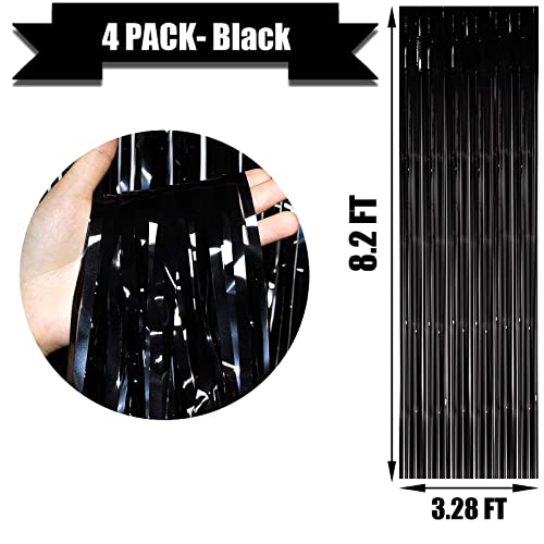 4 Pack Black Foil Fringe Curtain Backdrop, 3.28Ft x 8.2Ft Metallic Tinsel Streamer Curtains for Party, Photo Booth Props, Birthday, 2022 Graduation Decoration Party Supplies - color: Black
