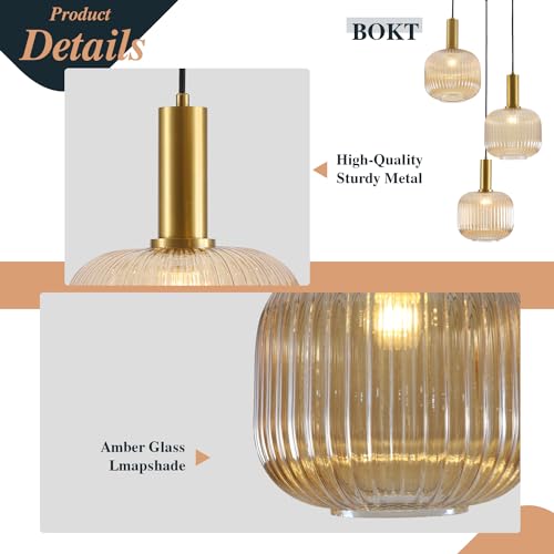 BOKT Gold Cluster Globe Glass Ceiling Chandelier 3-Light Amber Hanging Pendant Light Brushed Brass Dining Room Chandelier Stair Adjustable Hanging Light Fixture for Corridor Entryway - color: Amber 3-Light