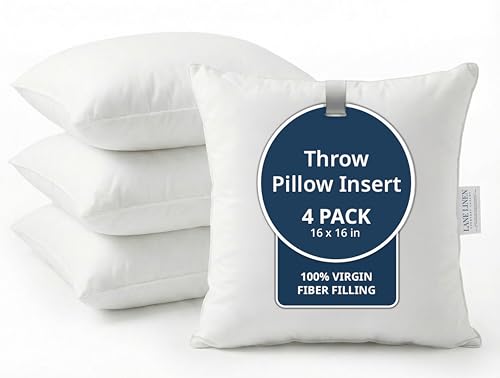 LANE LINEN 16x16 Throw Pillow Insert - Set of 4 White Inserts for Decorative Pillow Covers for Bed, Decorative Pillows for Bed, Couch Pillows, Throw Pillows for Couch - size: 16" x 16"