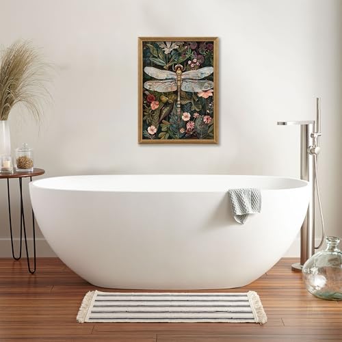 ICHZUMW William Morris Vintage Dragonfly Canvas Wall Art Framed, Green Botanical Wall Decor Pictures for Bedroom Living Room, Colorful Nature Painting Artwork Prints, Rustic Home Decorations, 12x16in - color: Dragonfly, size: 16"L x 12"W