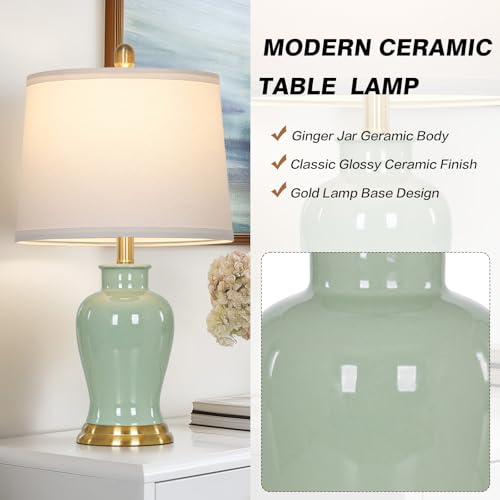 Ruzectt Green Ceramic Lamps Set of 2, 23" Modern Table Lamps for Living Room, Classic Bedside Lamp with Ginger Jar Design, Elegant Bedroom Lamp for Night Stand Desk Side End Table Home Decor - color: Green