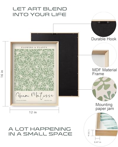 HesenDot Framed Matisse Sage Green Wall Art,William Morris Canvas Wall Decor,16x12IN High Framed Wood Design Prints,Minimalist Classic Decor Aesthetic for Living Room,Bedroom,Bathroom Set of 3 - color: Framed Green Canvas Art, size: 16"L x 12"W