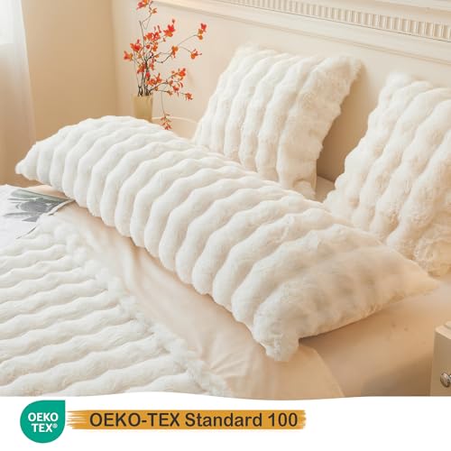 LIFEREVO Fluffy Faux Rabbit Fur Body Pillow Cover, Luxury Ivory Bubble Shaggy Plush Bed Body Pillowcase with Zipper Closure, Long 20"x54" Fuzzy Furry Pillow Case for Adults Kids Girls Teens, Beige - color: Beige
