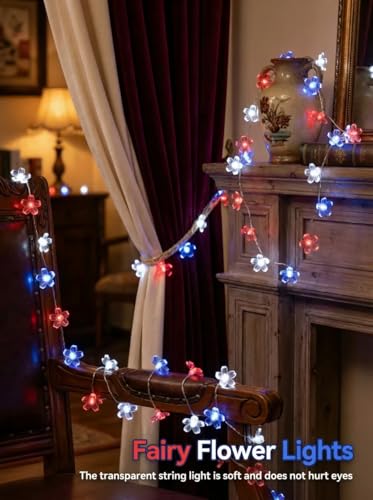 July 4th Independence Day Battery Operated Indoor String Lights 30LED Red Blue White Cherry Blossom Flower Fairy Lights Waterproof Outdoor for Memorial Day Celebration Decoration - color: Red Blue White