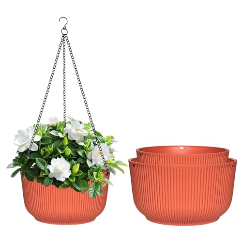 RooTrimmer Hanging Planters 9/10/11 Inch for Indoor Plants, 3 Pack Plant Hanger Outdoor with Drainage Holes, Self Watering Hanging Basket Flower Pot for Garden Home Decor, Light Coral - color: Light Coral