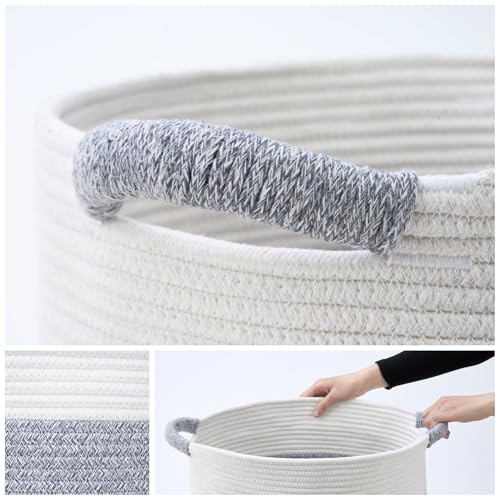 Blanket Basket (16" Dx14 H) - Round Woven Rope Storage for Living Room Throws, Pillows & Laundry- White/Mixed Gray - color: White/Mixed Gray, size: 16" X 16" X 14"