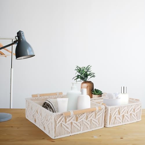 ANMINY 3PCS Macrame Storage Baskets for Organizing Boho Decor Baskets Storage Bins with Wood Handles Handmade Decorative Storage Boxes Desk Toilet Tank Bathroom Self Basket Organizer - Leaves - color: Leaves (Set of 3)