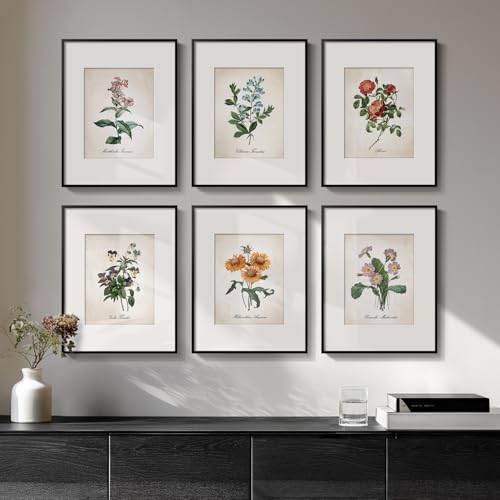 Framed Botanical Floral Wall Art, Set of 6 Vintage Wildflower Prints with Mat, Rustic Farmhouse Nature Flowers Artwork for Bedroom Living Room Hallway Dining Room Modern Neutral Home Decor, 11x14 In - color: Blooming - Black Framed, size: 11" W x 14" H x