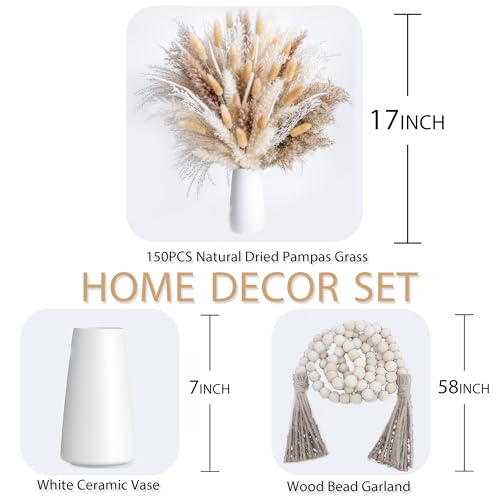 150pcs Pampas Grass + 1 White Ceramic vase + 1 Wood Bead Garland , Boho Home Decor Bouquet Phragmites Dried Flowers Bouquet for Wedding Floral Arrangements Home Decorations - size: 150 Pcs