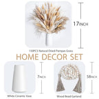 150pcs Pampas Grass + 1 White Ceramic vase + 1 Wood Bead Garland , Boho Home Decor Bouquet Phragmites Dried Flowers Bouquet for Wedding Floral Arrangements Home Decorations - size: 150 Pcs