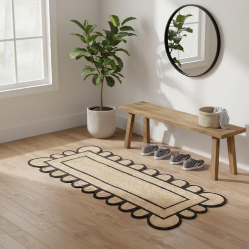 Jute Runner Rug 2x6 ft Handcrafted with Scalloped Black Border – Boho Farmhouse Entryway Kitchen Hallway Runner Rug, Natural Fiber Woven Floor Carpet for Living Room Bedroom - size: 2' x 6' (Rectangular)