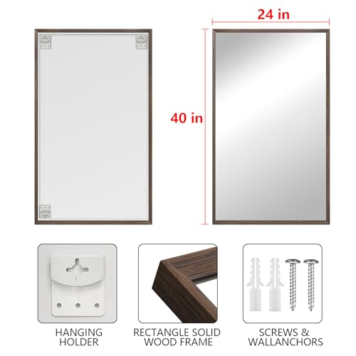 Walnut Wood Bathroom Mirrors for Wall Mounted, 40" x 24" Rectangle Rustic Wood Framed Wall Mirror, Decorative Farmhouse Mirror for Bathroom, Bedroom, Entryway, Horizontally/Vertically - color: Walnut, size: 40"L x 24"W