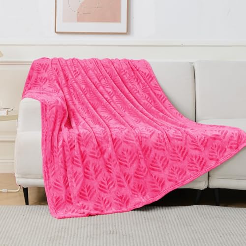 Exclusivo Mezcla Fleece Throw Blanket for Couch, Super Soft and Cozy Blankets All Season Use, Leaves Pattern, Plush Fuzzy Lightweight, Hot Pink, 50x60 Inch - color: Hot Pink, size: Throw(50"x60")