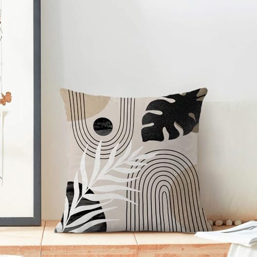 Boho Pillow Covers 16x16 Set of 2 Mid Century Black Beige Tropical Leaf Throw Pillow Covers Outdoor Decor Modern Abstract Line Decorative Pillowcase Farmhouse Linen Cushion Case For Couch Sofa - color: Black-mid-century 1, size: 16" x 16" (Pack of 2)