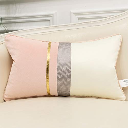Avigers 12 x 20 Inches Pink White Gold Leather Striped Patchwork Velvet Cushion Case Luxury Modern Throw Pillow Cover Decorative Pillow for Couch Living Room Bedroom Car - color: Pink, size: 20" x 12" (Pack of 1)