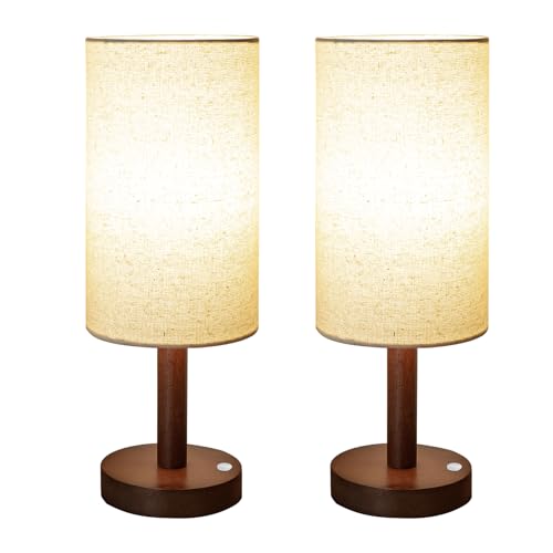 LALISU Small Table Lamp Nightstand Lamp Linen Lampshade Bedroom Wood Base Small Bedside Lamp for Night Stands, Desk Lamps for Reading Living Room, Office (LED Bulb Included) (Walnut Wood Cordless(2)) - color: Walnut Wood Cordless(2)