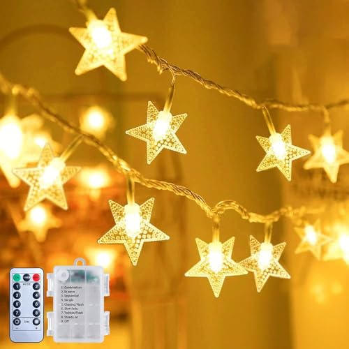 Brightown Star String Lights Battery Operated - 17 ft 50 LED Star Fairy String Lights with Remote and Timer, 8 Modes Waterproof for Bedroom Tent Loft Bed Patio Party Wedding Decor, Warm White - color: Warm White, size: 1 Pack