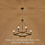 L45'' Rustic Farmhouse Square Wood Chandeliers 6-Light Unique Rectangular Candle Chandelier Long Ceiling Pendant Light for Living Dining Room Foyer Kitchen Bedroom High Ceiling,E12 - color: Walnut, size: 45 inches