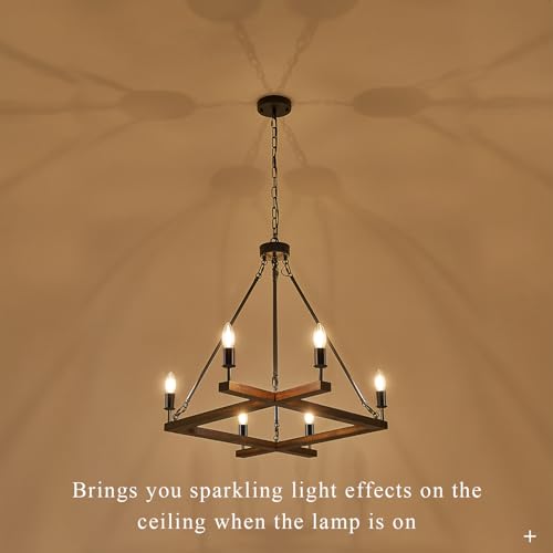 L45'' Rustic Farmhouse Square Wood Chandeliers 6-Light Unique Rectangular Candle Chandelier Long Ceiling Pendant Light for Living Dining Room Foyer Kitchen Bedroom High Ceiling,E12 - color: Walnut, size: 45 inches