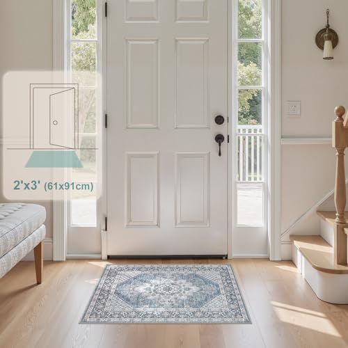 Tortania Area Rug 2x3 Doormat - Washable Vintage Oriental Farmhouse Soft Thin Indoor Carpet for Living Room Bedroom Hallway Entryway Kitchen - Blue - color: Blue, size: 2' x 3' (Rectangular)