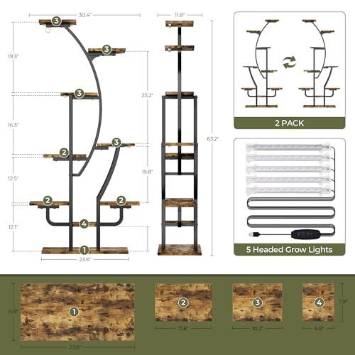 IRONCK Plant Stand Indoor with Grow Lights, 9 Tiered Indoor Plant Shelf, 62" Corner Plant Stands for Indoor Plants, Metal Plant Flower Display Shelves, Moon-Shaped Plant Rack for Home, Patio, Black