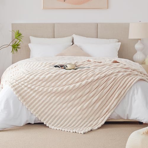 EXQ Home Fleece Blanket Queen Size for Couch or Bed - 3D Stripe Jacquard Decorative Blankets - Cozy Soft Lightweight Fuzzy Flannel Blanket Suitable for All Seasons(90"×90",Beige) - color: Beige, size: Queen