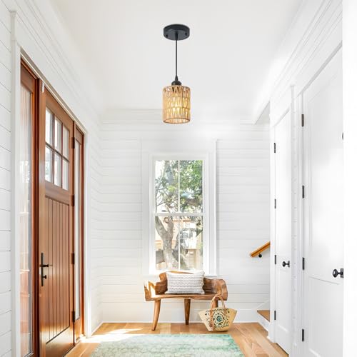 Rattan Chandelier Pendant Lights Kitchen Island,Farmhouse Boho Chandeliers Adjustable Height Hanging lamp for Dining Room,Small Kitchen Ceiling Light Fixtures with Hand Woven Wicker Lampshade - size: 1 Pack