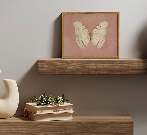 Framed Vintage Butterfly Canvas Wall Art Antique White Moth Picture Pink Aesthetic Poster Print Neutral Moody Insect Painting Farmhouse Wall Decor for Living Room Bedroom Dorm Office 8x10in - color: Butterfly, size: 10"L x 8"W