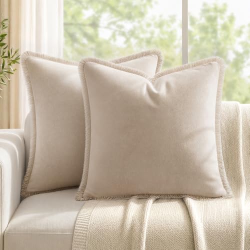 HOMEIDEAS Neutral Beige Velvet Throw Pillow Covers 18x18 Set of 2, Luxury Decorative Pillow Covers with Short Fringe Tassels, Modern Farmhouse Boho Cushion Covers for Sofa Couch Bed Home Decor - color: Beige, size: 18" x 18" (Pack of 2)