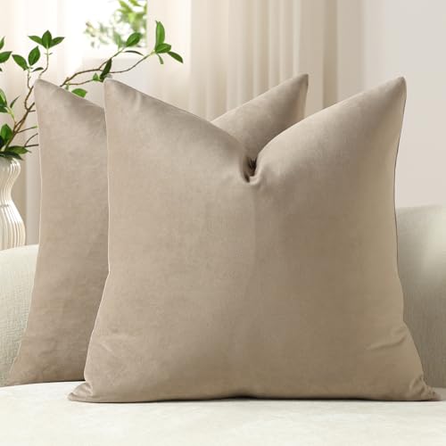 DEZENE Throw Pillow Covers 22x22 Taupe: Pack of 2 Cozy Soft Velvet Square Modern Luxury Decorative Throw Pillow Cases for Sofa Couch Living Room Bed Home Decor - color: Cobblestone, size: 22" x 22" (Pack of 2)