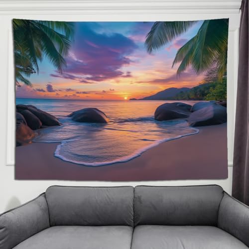keowhsf Beach Sunset Ocean Tapestry – Tropical Palm Trees Wall Decor with Warm Orange Sky, Summer Seaside Landscape Wall Hanging for Bedroom Living Room Dorm - color: SunsetBeach, size: 48"L x 36"W