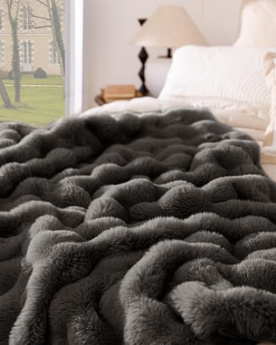 Ultra Soft Cozy Faux Fur Throw Blanket-Fuzzy Plush Thick Bubble Blanket, Fluffy Blanket for Couch, Sofa, Bedroom, and Living Room, 50x60 Inches, Dark Grey Taupe - color: Bubble Dark Grey, size: Throw