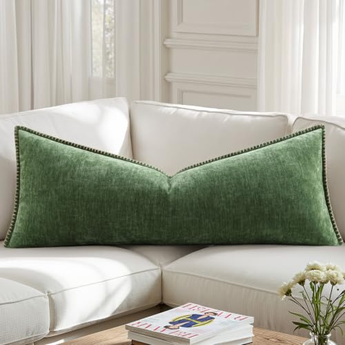decorUhome Chenille Soft Cozy Throw Pillow Covers 14x36 Set of 1, Modern Farmhouse Boho Velvet Decorative Pillow Cases with Stitched Edge for Couch Sofa Bed Home Decor, Forest Green - color: Forest Elf, size: 36" x 14" (Pack of 1)