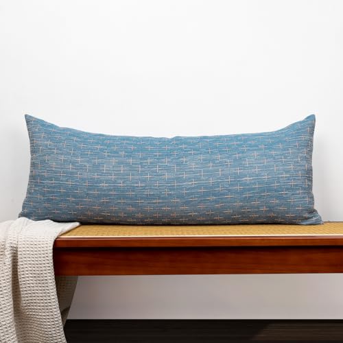 JoraLion Decorative 14x36 Lumbar Pillow Cover, Blue Cross Pattern Woven Textured Cushion Case Polyester Cozy Modern Farmhouse Vintage Pillowcase for Couch Sofa Bed Living Room, ONLY 1 Cover - color: Blue