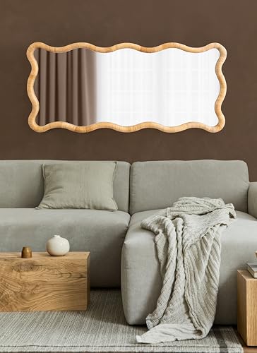 Kate and Laurel Rahfy Boho Scalloped Rectangle Rattan Wall Mirror, 22 x 48, Natural Wood, Decorative Rectangular Wavy Mirror with Authentic Rattan Frame for Bedroom Mirror Decor