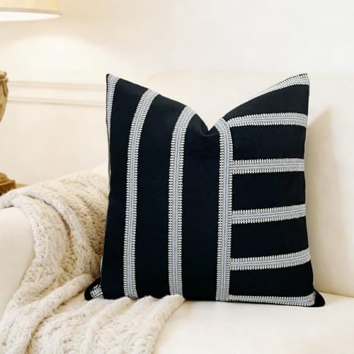 Slow Cow Linen Black and Off White Jacquard Textured Woven Stripe Patchwork Throw Pillow Cover Square 18 x 18 Inches - color: Black Patchwork, size: 18" x 18" (Pack of 1)