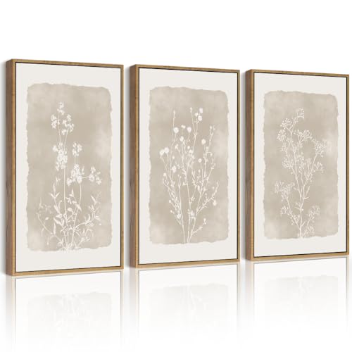 Drsoum Botanical Flower Wall Art Framed Vintage Floral Wall Prints Wildflower Neutral Rustic Bohemain Artwork Farmhouse Bedroom Ready to Hang 12x16in Natural Framed - color: Beige Botanical Floral, size: 16L" x 12W", Natural Framed