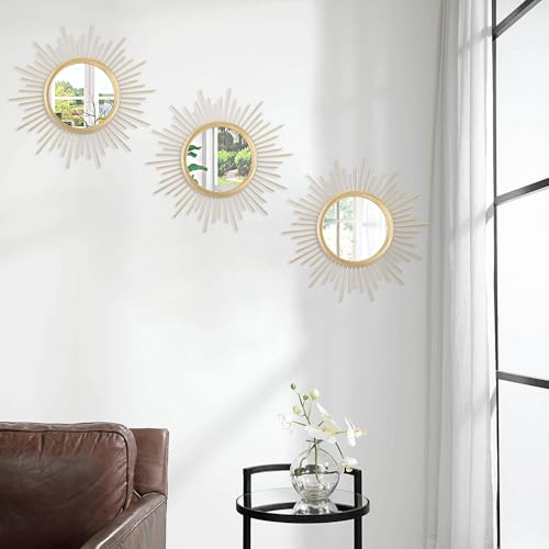 3 Pack Metal Mirrors for Wall Gold Sunburst Wall Mirrors Home Décor Art Decorative Modern Bohemian Hanging Wall Art for Living Room Bedroom Bathroom Entryway Small 12'' - color: Sunburst-gold, size: 3 Set 12"L x 12"W